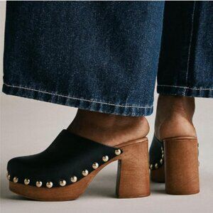 YDN Black Platform Slip On Clogs Mules Cork High Heel Round Toe Rivet Sandals